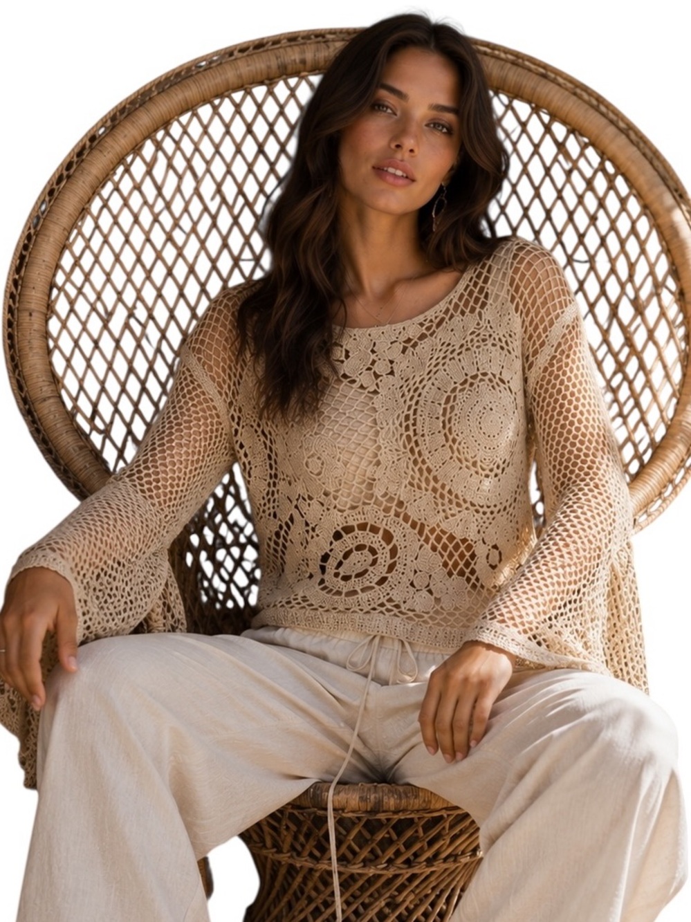 NEW IN Brand Natural Beige Boho Bell Sleeve Crochet Knit Top
